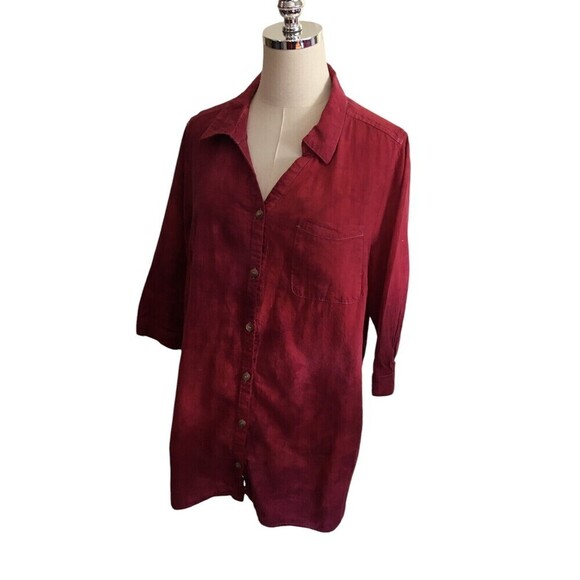 Catherines Top Women's Size 0X 14 / 16 Red Button Down 3/4 Sleeve Linen Cotton - Picture 2 of 8